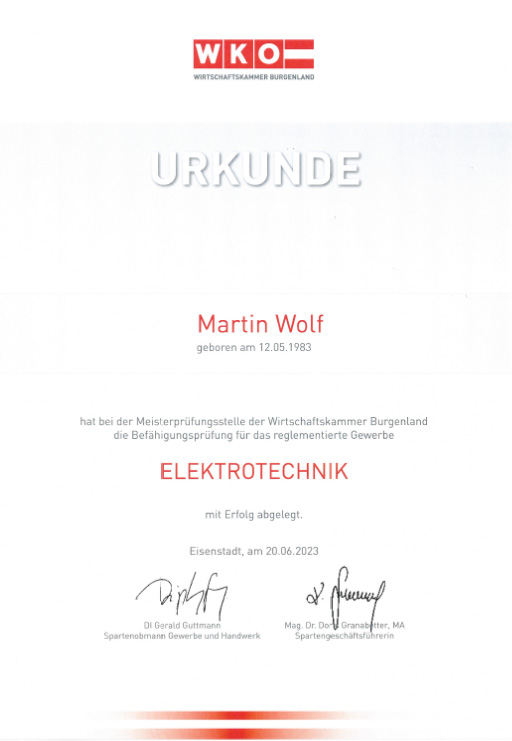Urkunde Elektrotechniker Martin Wolf